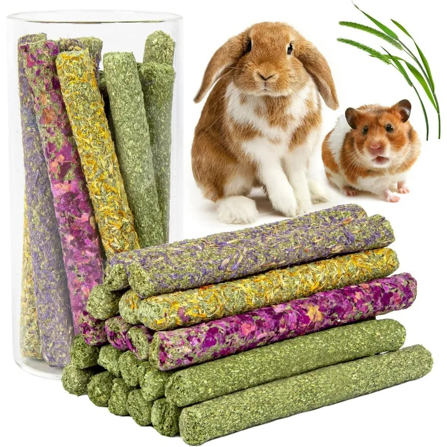 32Pcs Timothy Hay Sticks 320g for Rabbit Guinea Pig Hamster Natural Handmade Treats and Chews for Teeth Maintenance and Enrichm