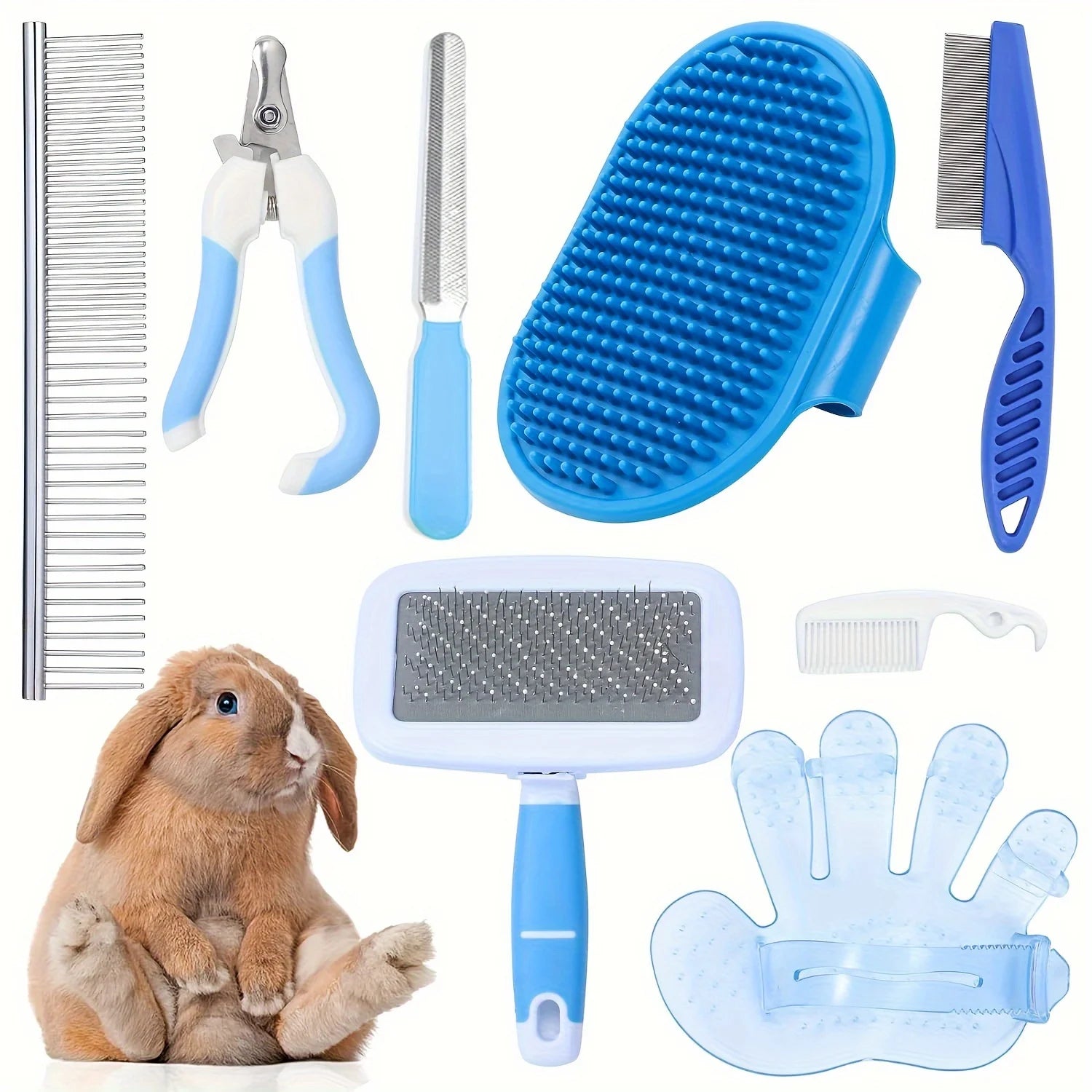 8-Piece Rabbit Grooming Kit with Silicone Brushes and Rubber Bristles - Pet Grooming Set for Small Animals - Includes Nail Clipp