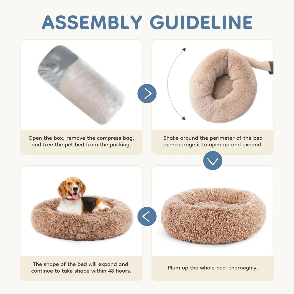 Machine Washable Cozy Dog Cat Bed Calming Donut Anti-Slip Round Waterproof Cuddle Pet Bed Home Travel