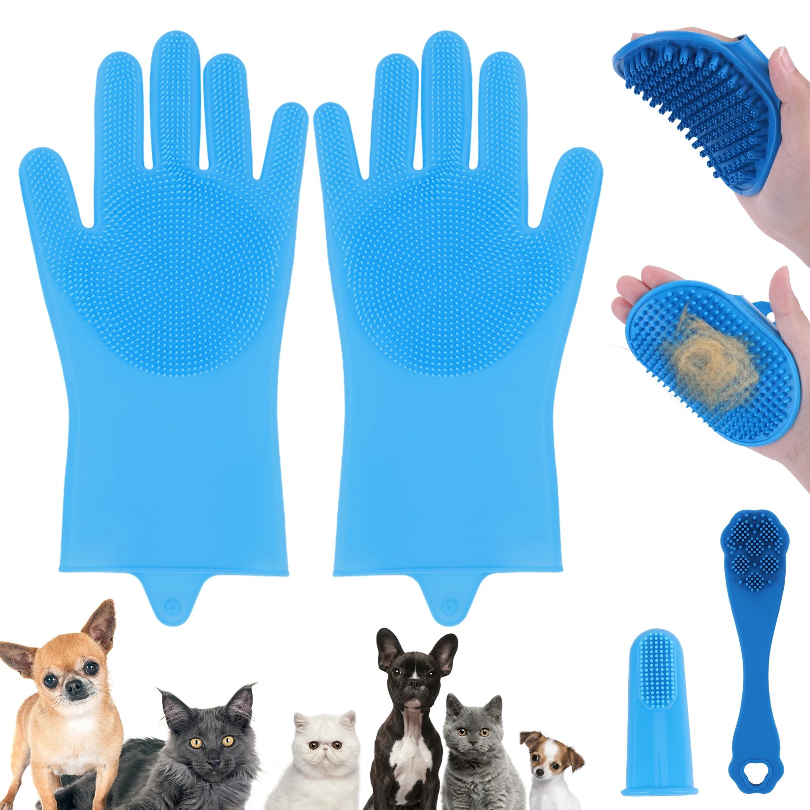 6PCS Pet Grooming Kit Silicone Dog Bath Brush Dog Toothbrush Finger Dog Shampoo Brush for Dog Cat Bathing Massaging & Grooming