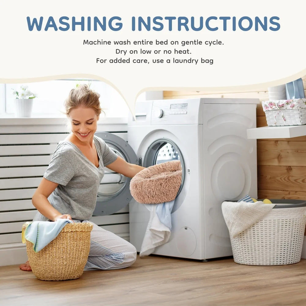 Machine Washable Cozy Dog Cat Bed Calming Donut Anti-Slip Round Waterproof Cuddle Pet Bed Home Travel