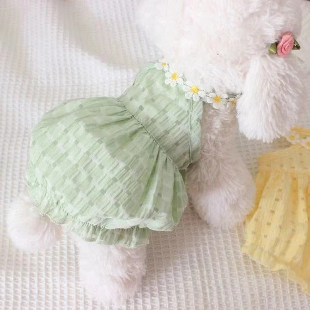 Pretty Small Cat Dress Summer Cute Small Dog Skirt Thin Yellow Floral Wreath Collar Mini Puppy Princess Dress Breathe Cat Skirt