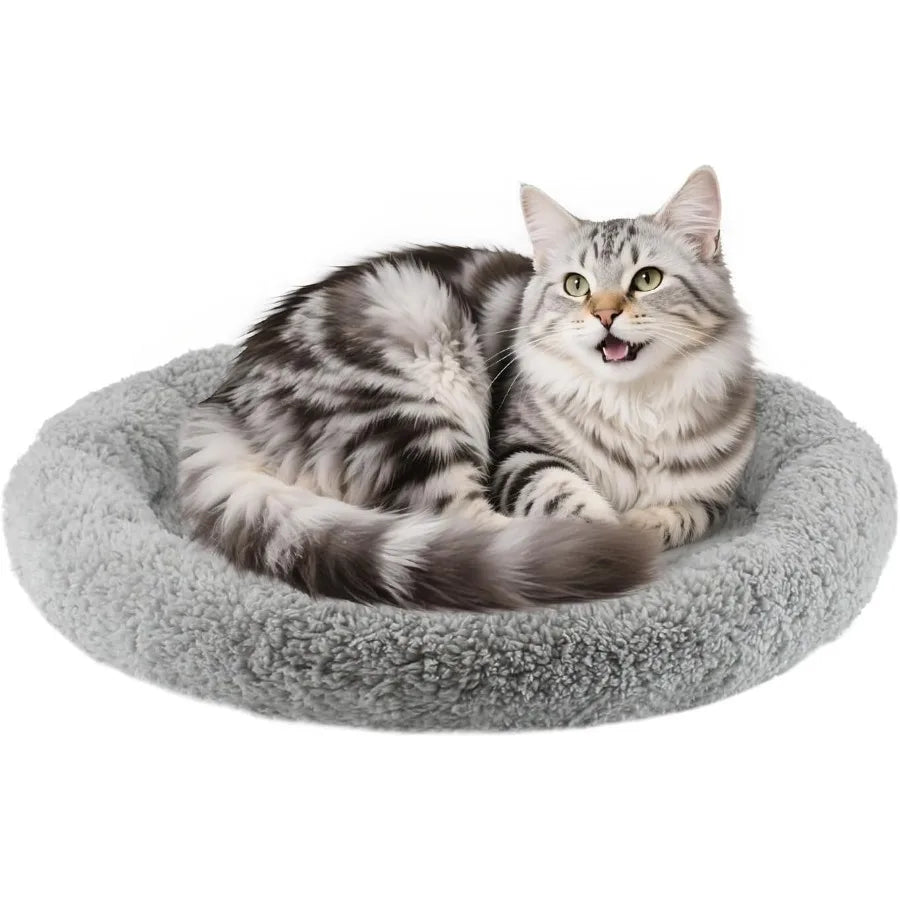 Round Cat Bed for Indoor Cats and Small to Medium Dogs 19.5 x 19.5 x 2 Inch Self-Warming Pet Bed with Surrounding Pillow Plush
