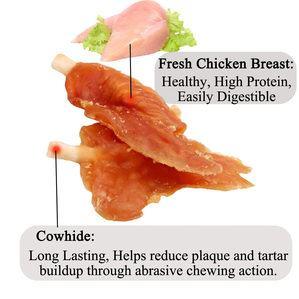 Chicken Breast Dog Treats for Small, Medium, & Large Dog - Made with Fresh Chicken and Cowhide - Healthy, and Long Lasting