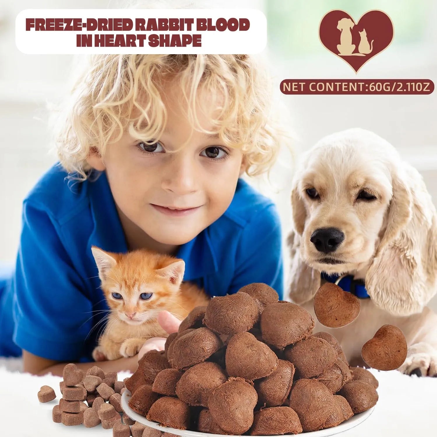 Freeze-Dried Cat Treats, Rabbit Blood Pet Food for Dogs, Iron-Rich Dog Cat Treats, High Protein Training Treats, 3.5oz