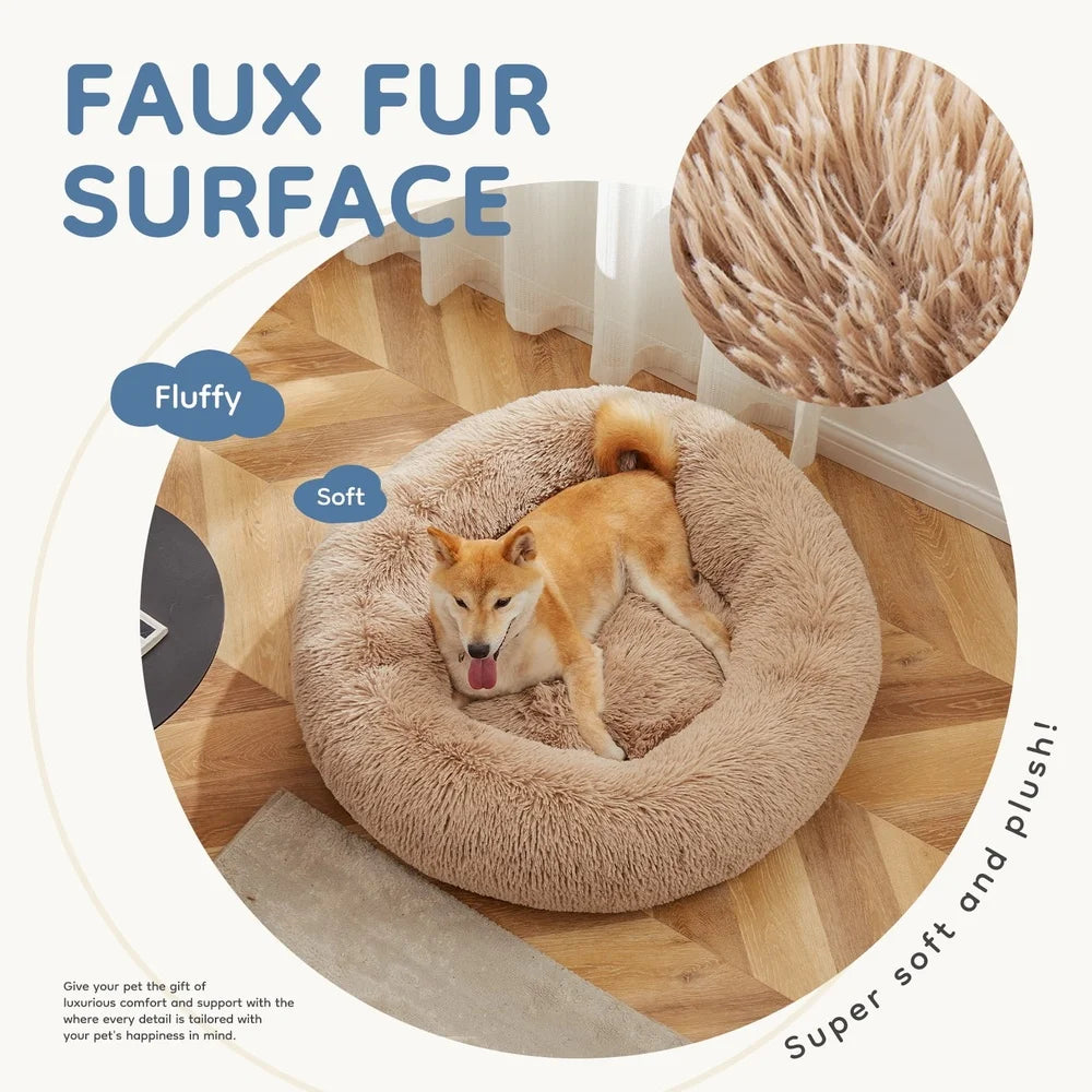 Machine Washable Cozy Dog Cat Bed Calming Donut Anti-Slip Round Waterproof Cuddle Pet Bed Home Travel