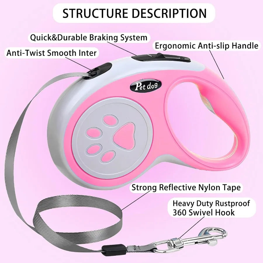 Retractable Dog Leash 5M 16FT Eendable Dog Lead with Strong Nylon Tape TangleFree OneHanded Brake Pause Lock for Small Medium D
