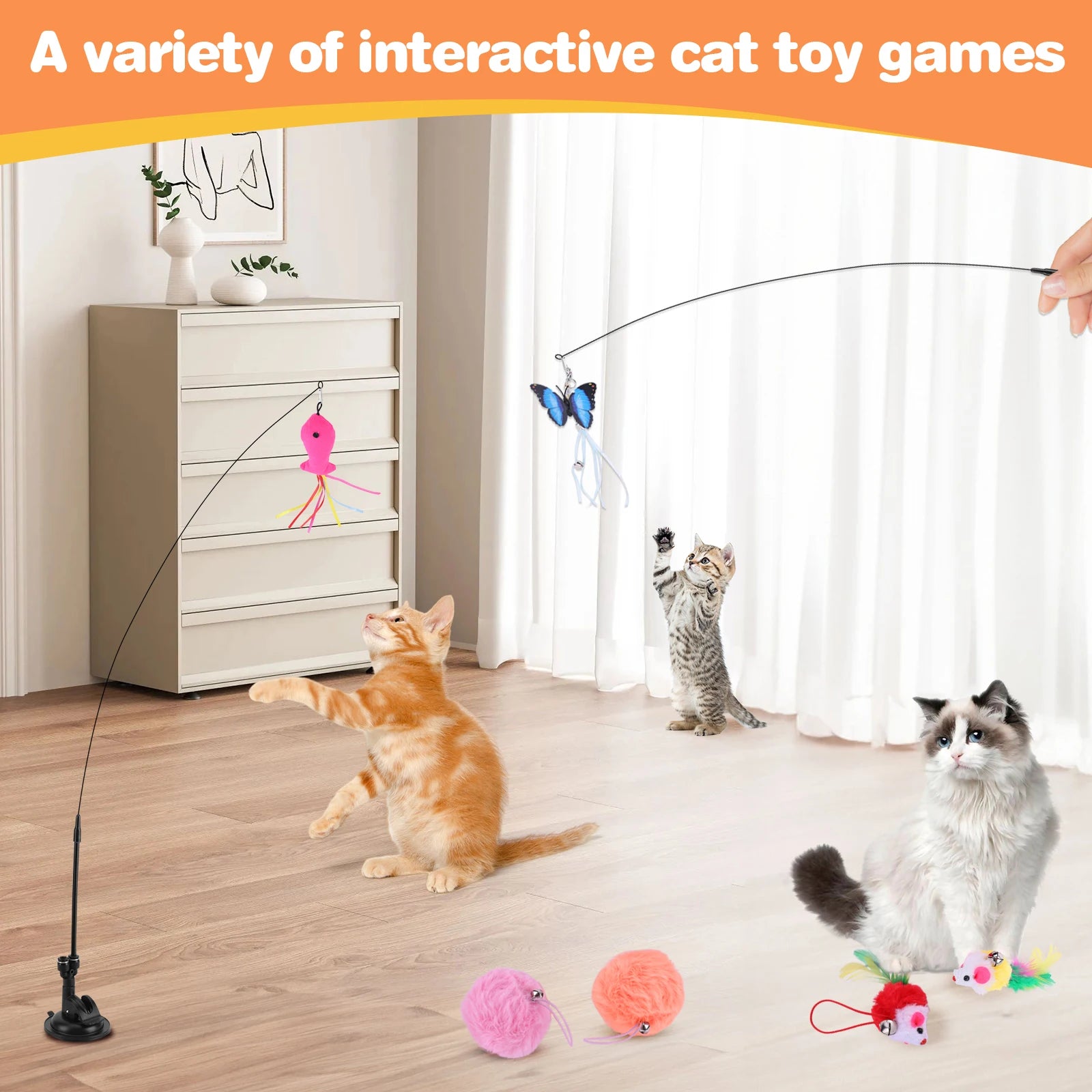 Pet Cat Toy Set Teaser Stick Set Double Headed Interactive Cat Toy Handfree Cat Toy Stick for Cat Training Playing Accessories