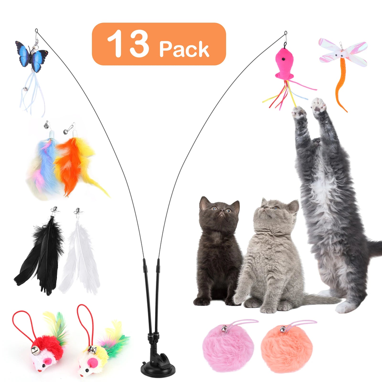 Pet Cat Toy Set Teaser Stick Set Double Headed Interactive Cat Toy Handfree Cat Toy Stick for Cat Training Playing Accessories