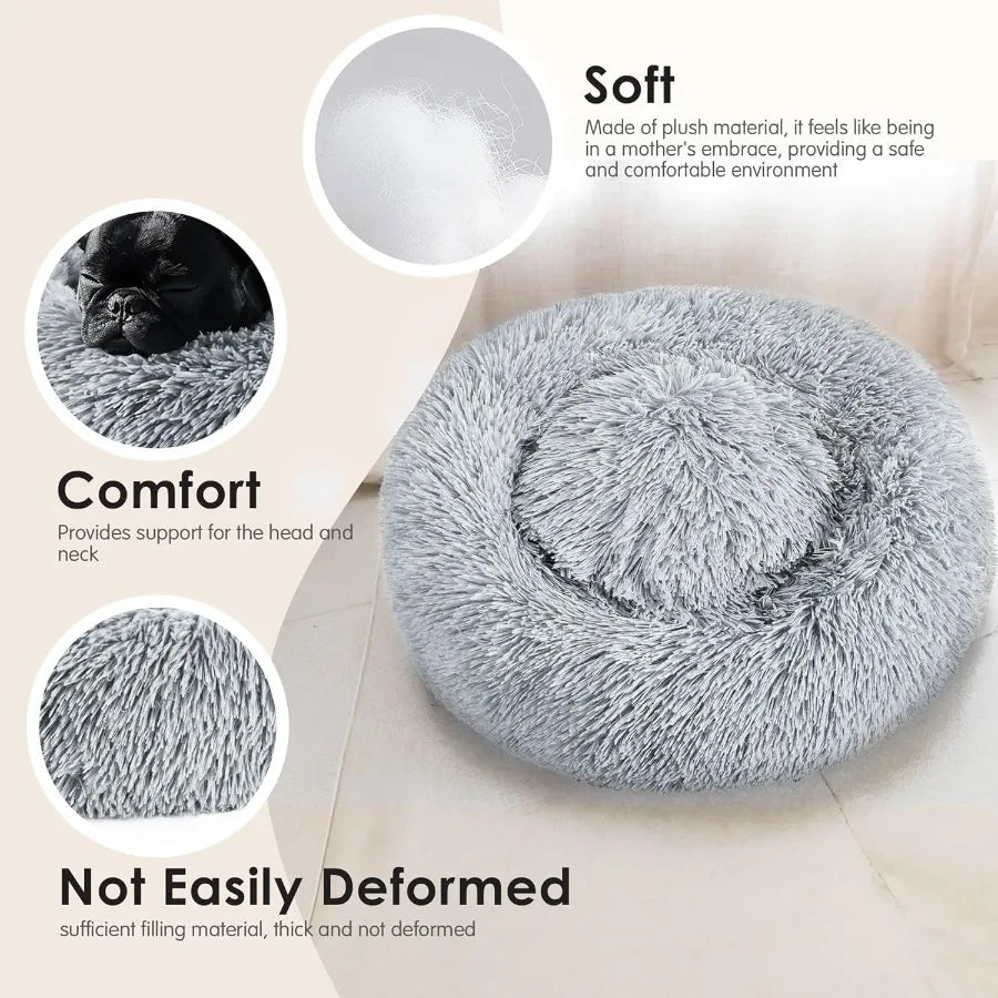 20-inch Calming Donut-Shaped Washable Fluffy Pet Bed for Indoor Cats and Small to Medium Dogs Ideal for Puppy and Kitten Soft C