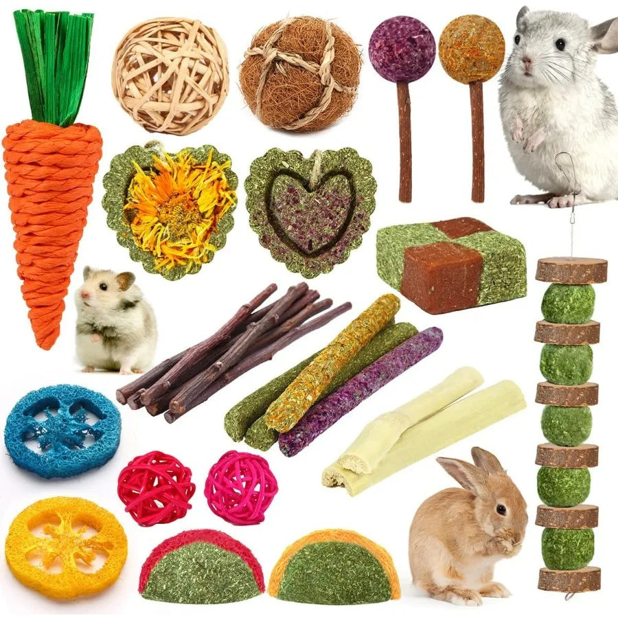 Natural Timothy Hay and Apple Wood Sticks for Small Pets Teeth Care Handmade Chew Toys Set of 27 Pieces Ideal for Rabbits Guine
