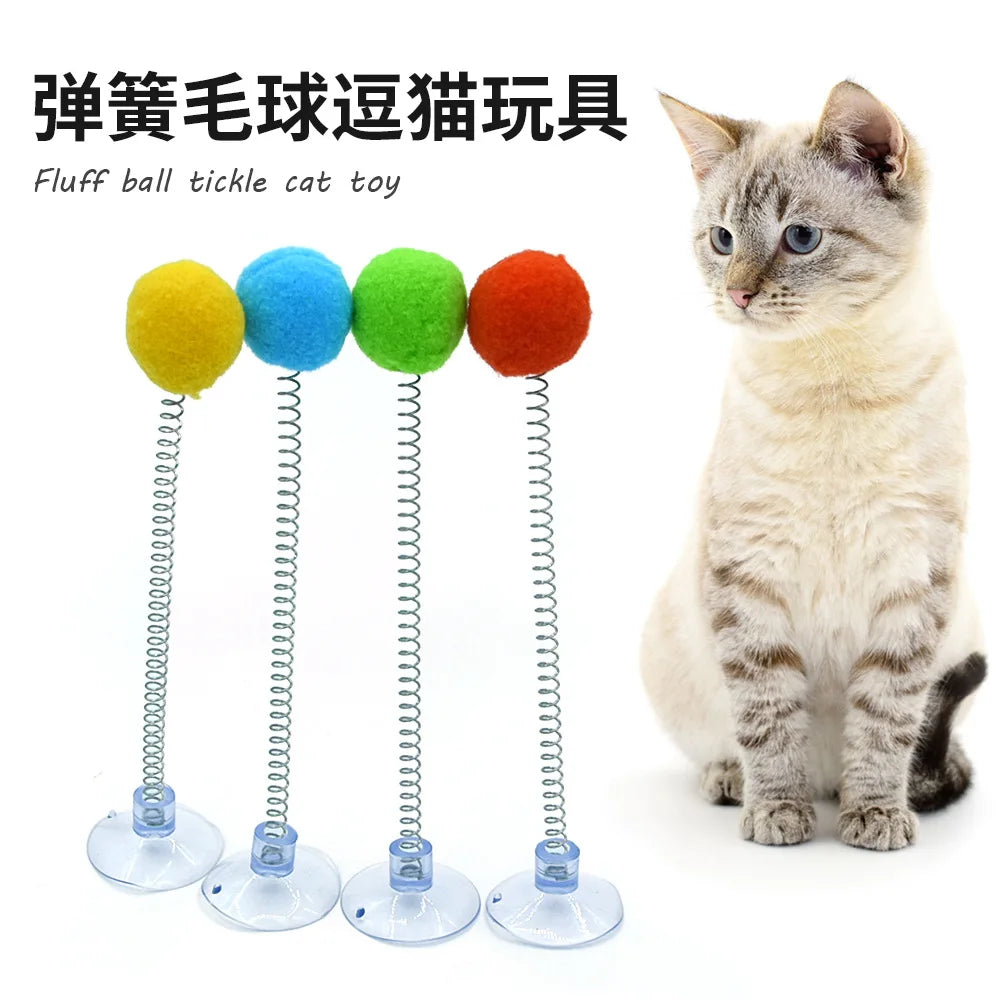 1PC Multicolored Fur Ball Spring Cat Toy with Suction Cup Teaser Wand Interactive Pet Scratcher Random Color for Cats